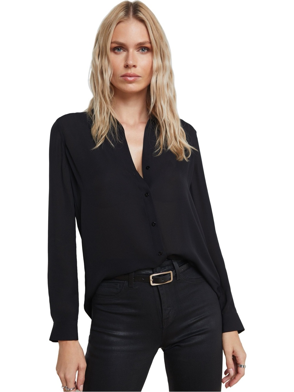 Eileen Fisher Black 100% Silk Button Front Long Sleeve Shirt